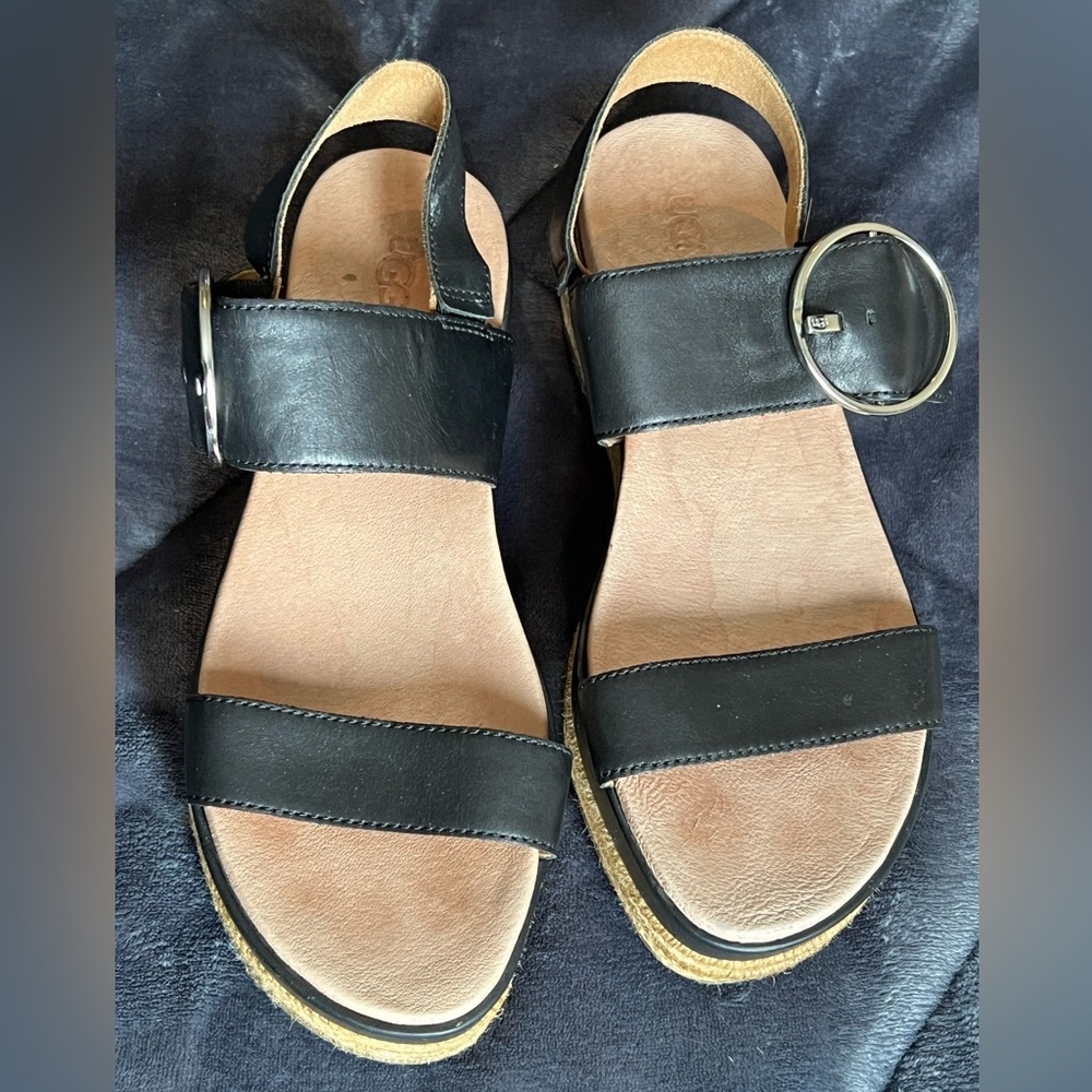 UGG Black Leather Platform Sandals with Buckle